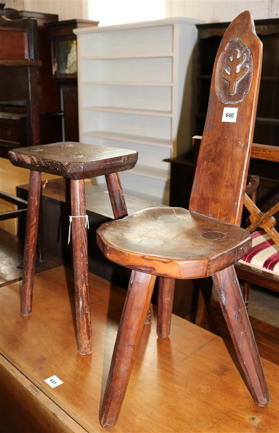 Primitive stool and a similar carved spinning chair(-)